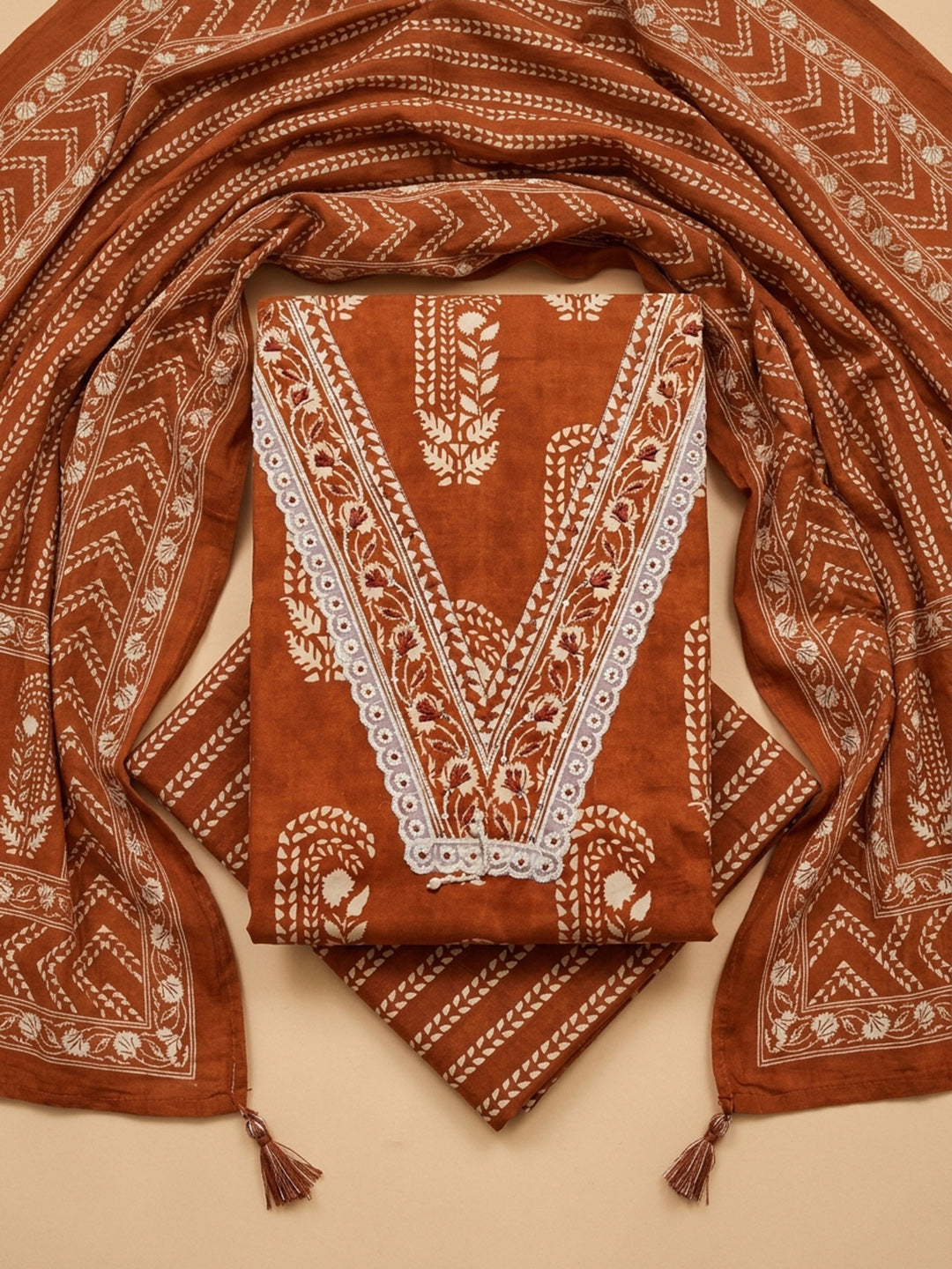 Rust Embroidery Cotton Blend Unstitched Dress Material