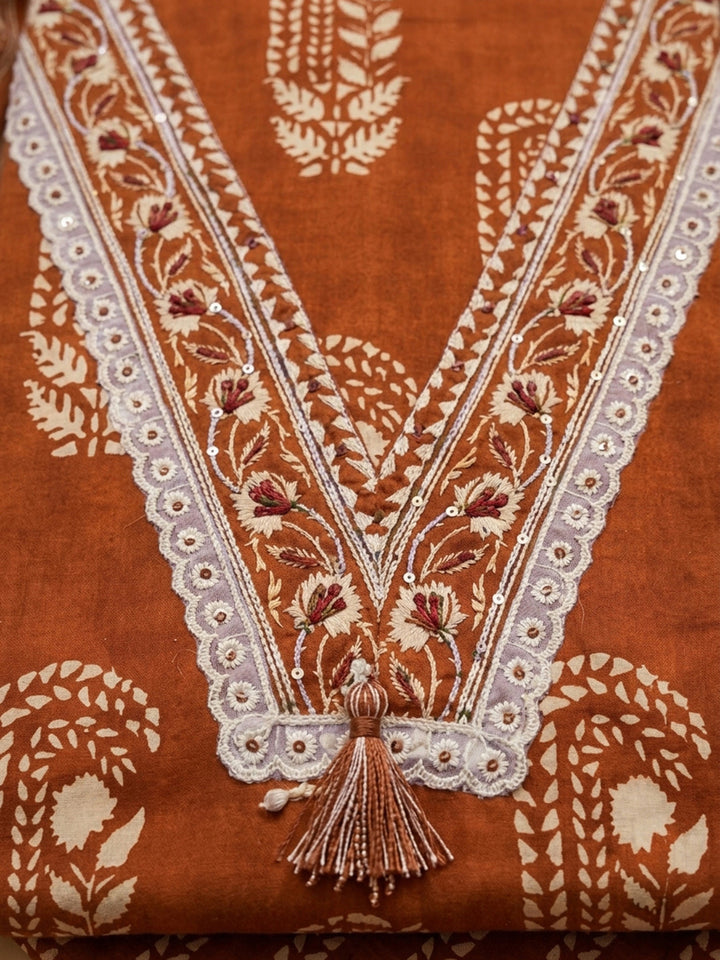 Rust Embroidery Cotton Blend Unstitched Dress Material