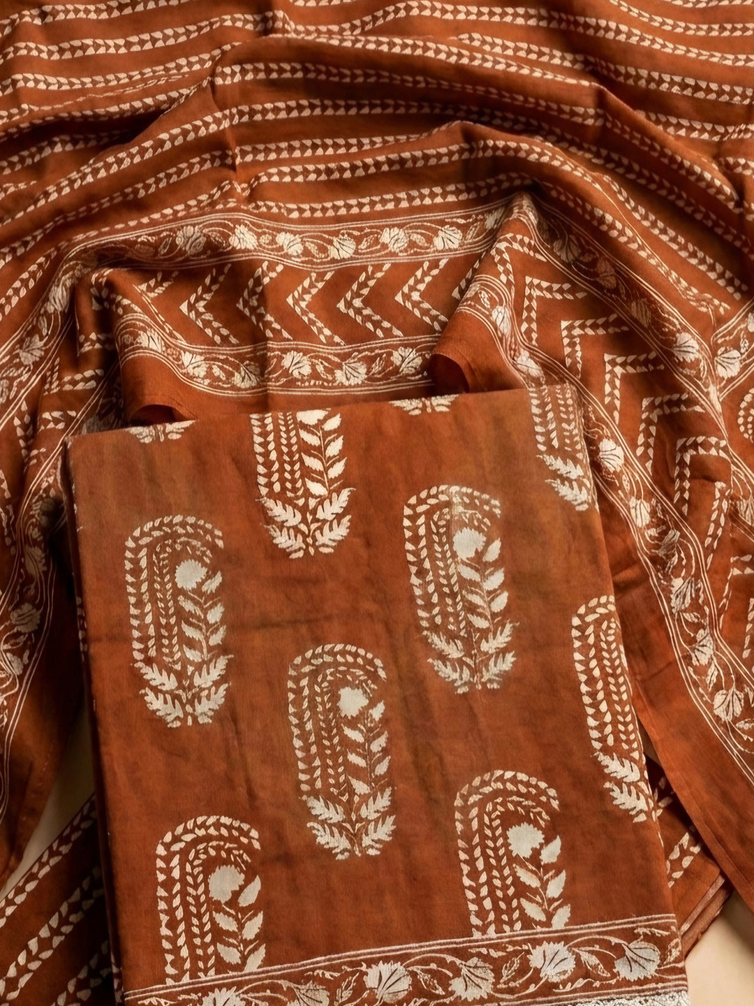 Rust Embroidery Cotton Blend Unstitched Dress Material