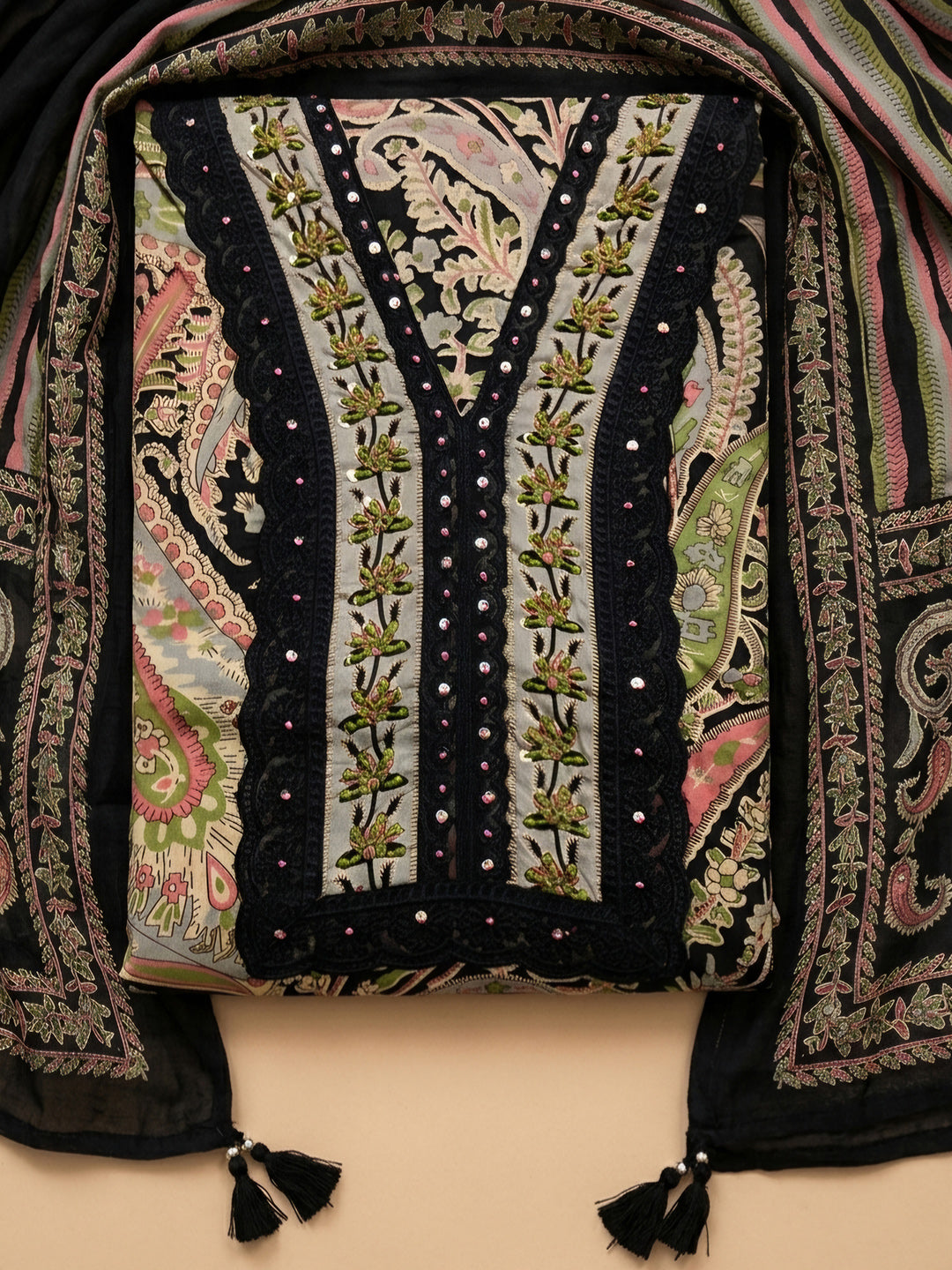 Black Embroidery Cotton Blend Unstitched Dress Material