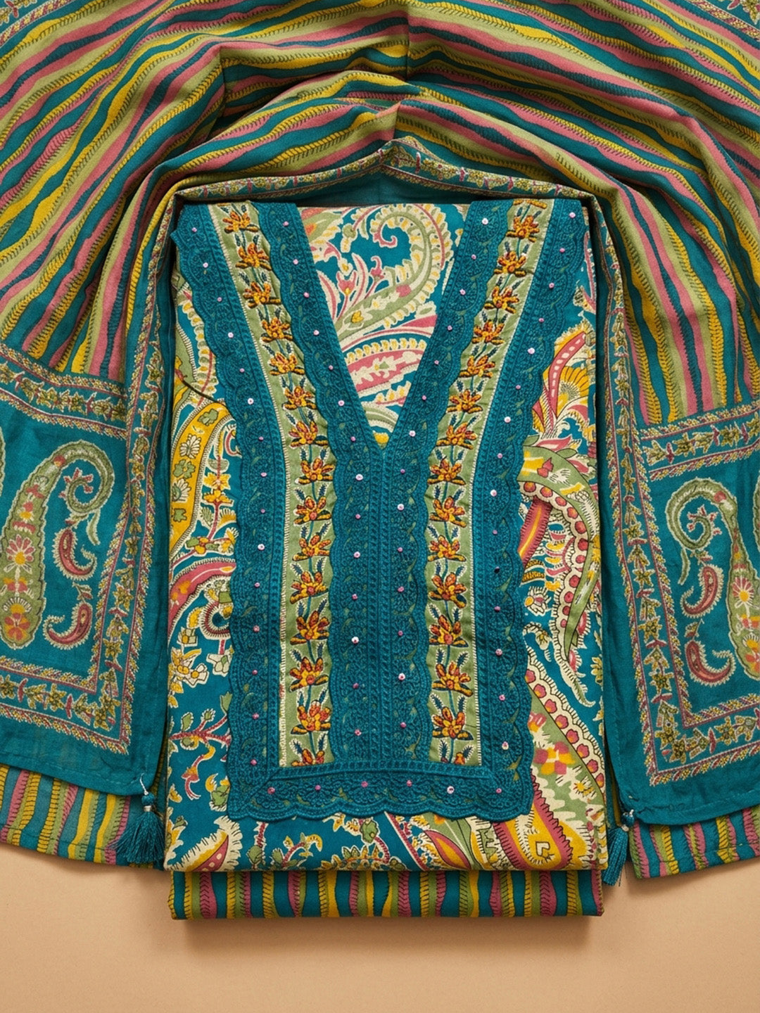 Rama Green Embroidery Cotton Blend Unstitched Dress Material