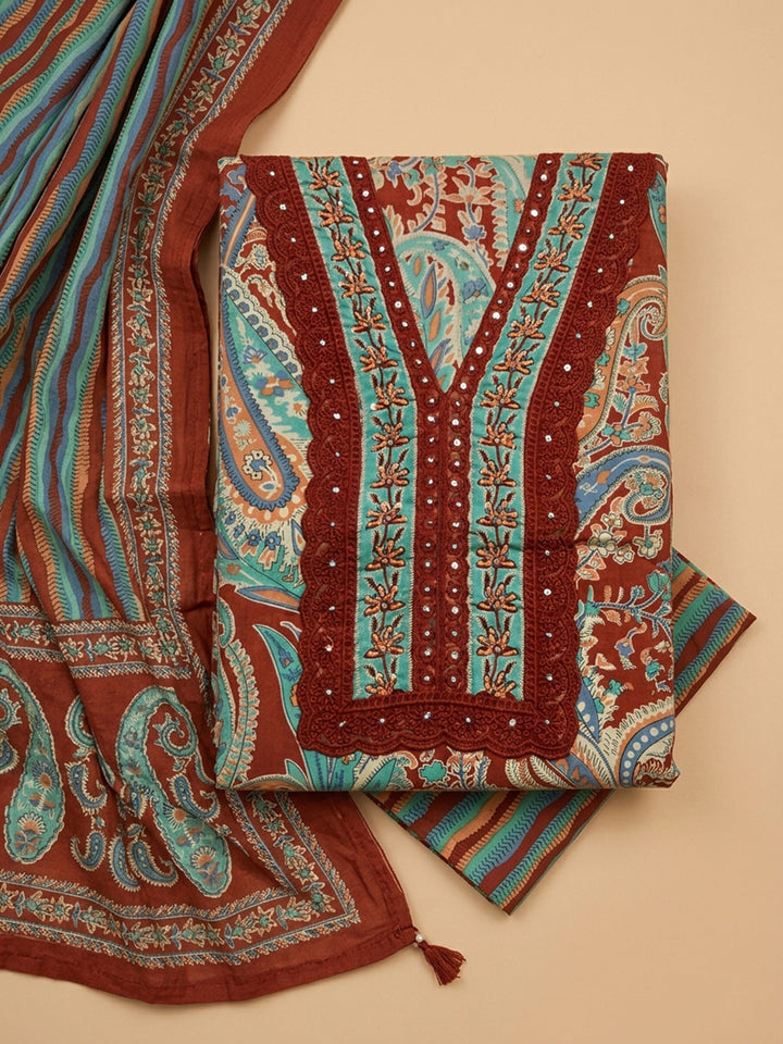 Red Embroidery Cotton Blend Unstitched Dress Material