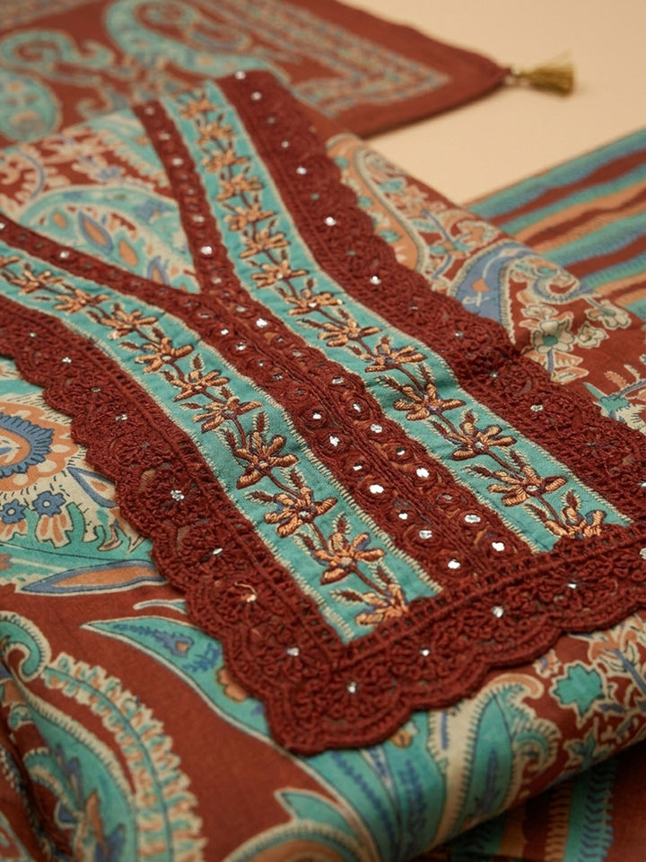 Indigo Printed Chanderi Unstitched Dress Material