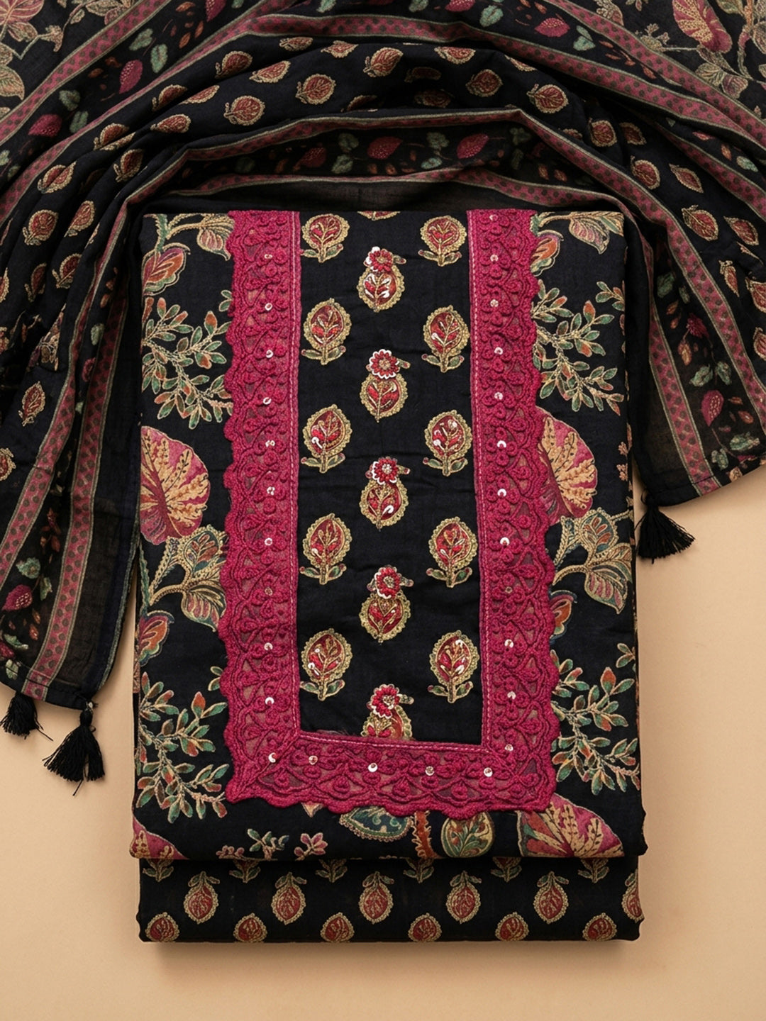 Black Printed Cotton Blend Unstitched Dress Material