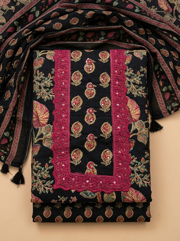 Black Printed Cotton Blend Unstitched Dress Material