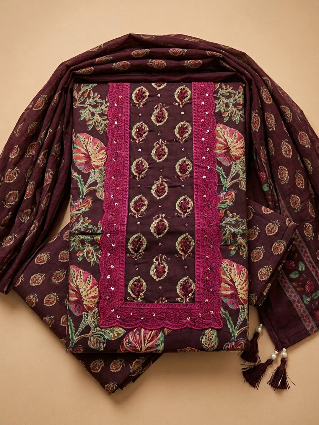 Wine Printed Cotton Blend Unstitched Dress Material