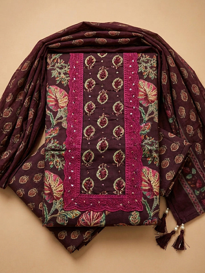 Wine Printed Cotton Blend Unstitched Dress Material
