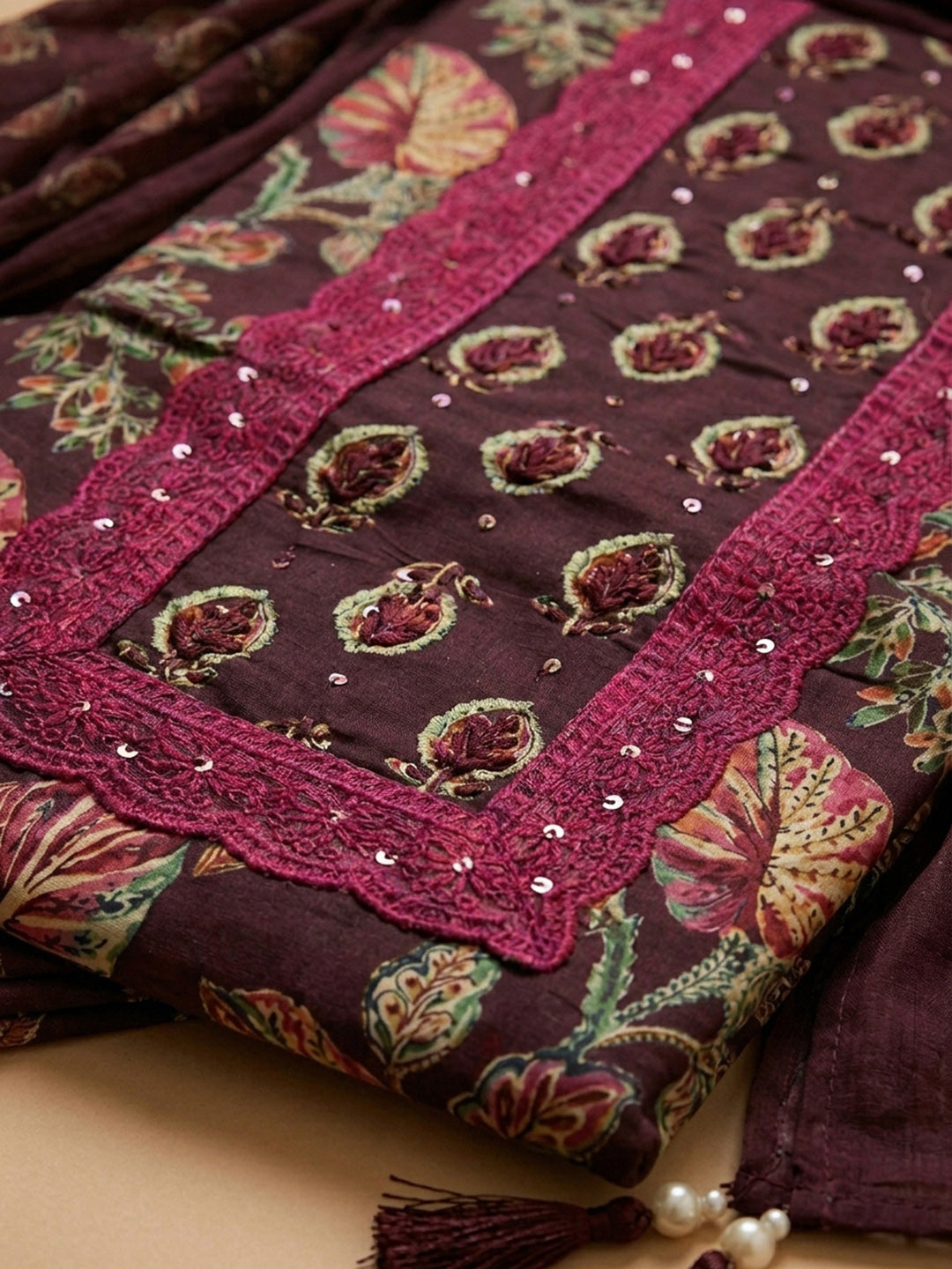 Wine Printed Cotton Blend Unstitched Dress Material