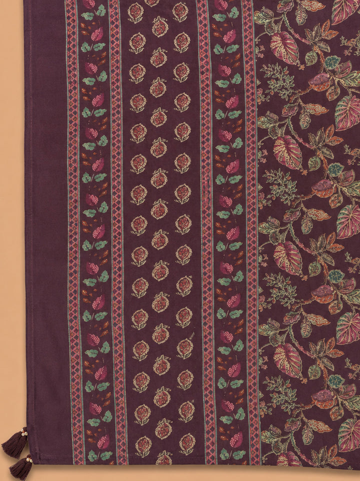 Wine Printed Cotton Blend Unstitched Dress Material