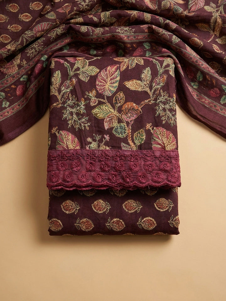 Wine Printed Cotton Blend Unstitched Dress Material