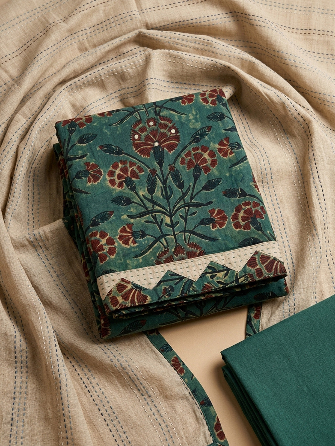 Green Printed Cotton Blend Unstitched Dress Material