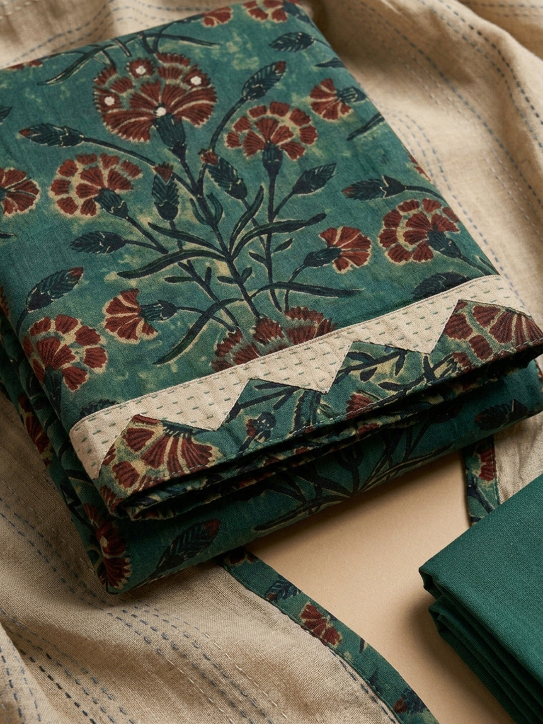 Green Printed Cotton Blend Unstitched Dress Material