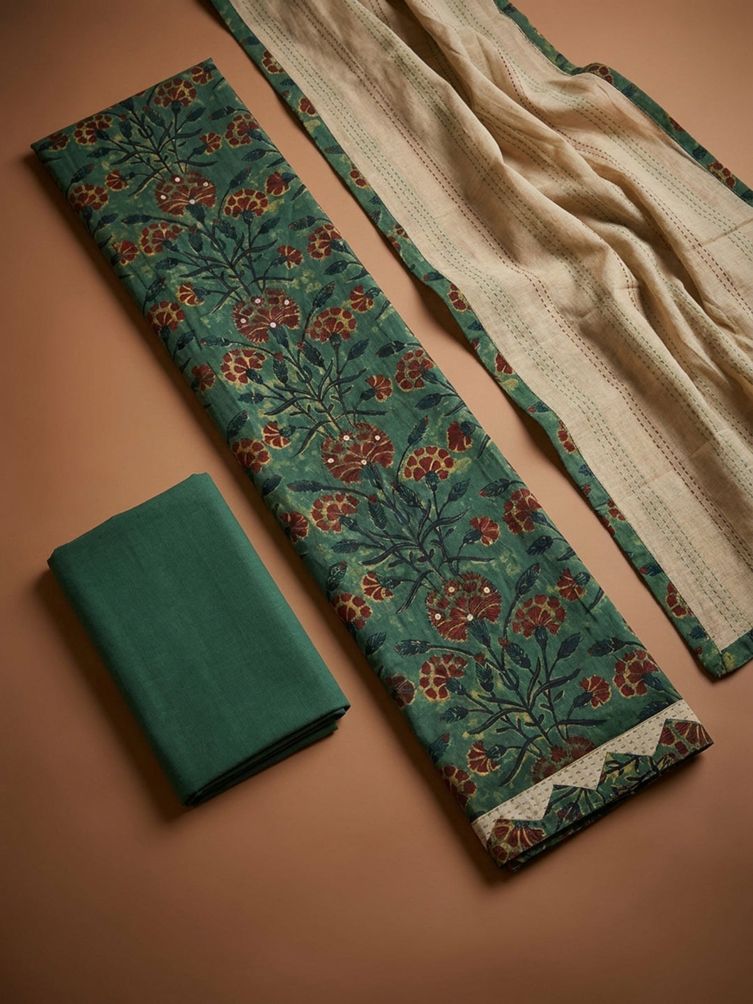 Green Printed Cotton Blend Unstitched Dress Material