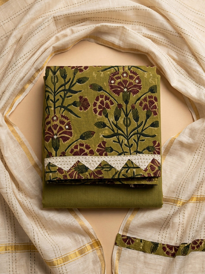 Mehndi Printed Cotton Blend Unstitched Dress Material