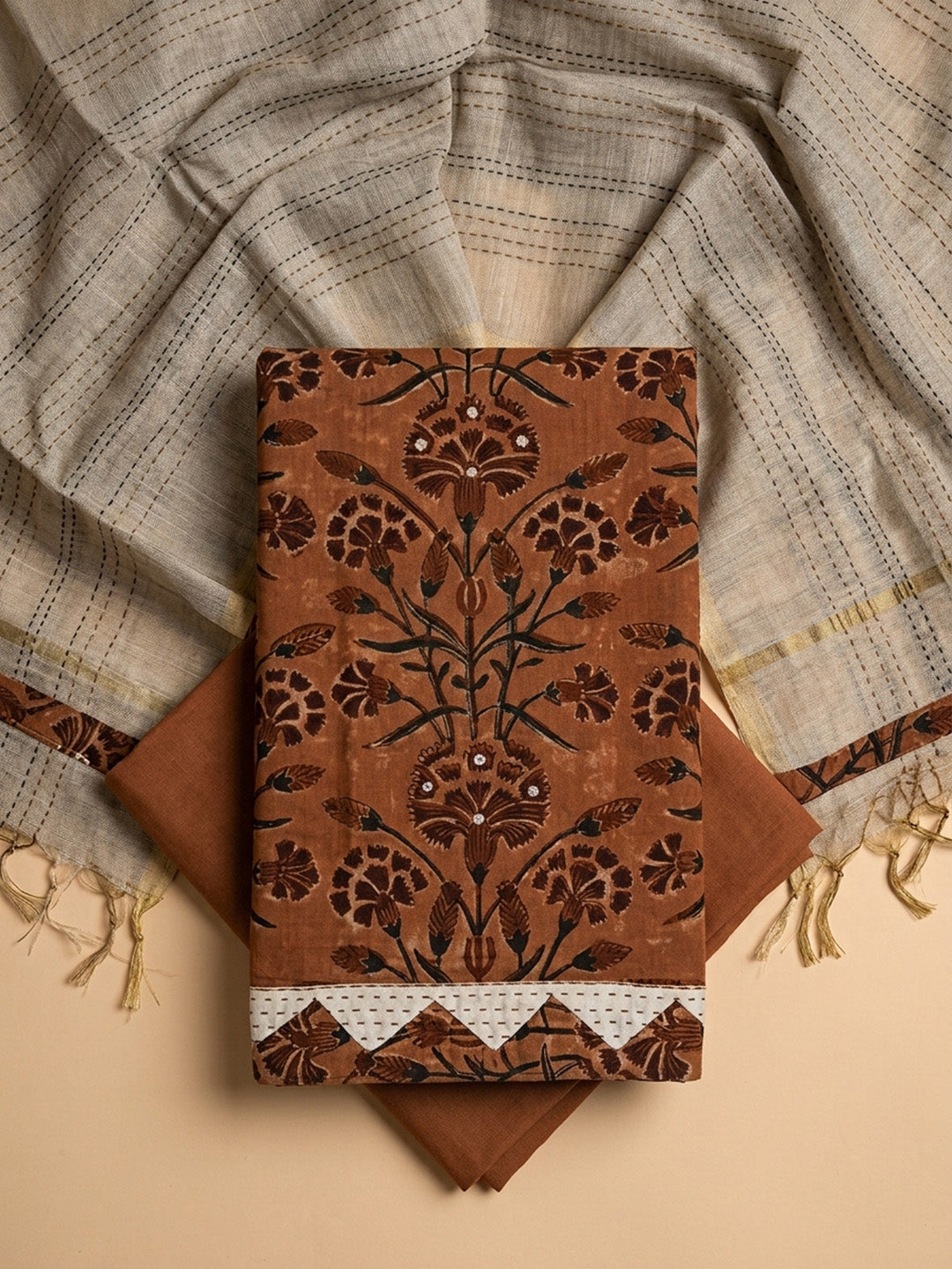 Rust Printed Cotton Blend Unstitched Dress Material