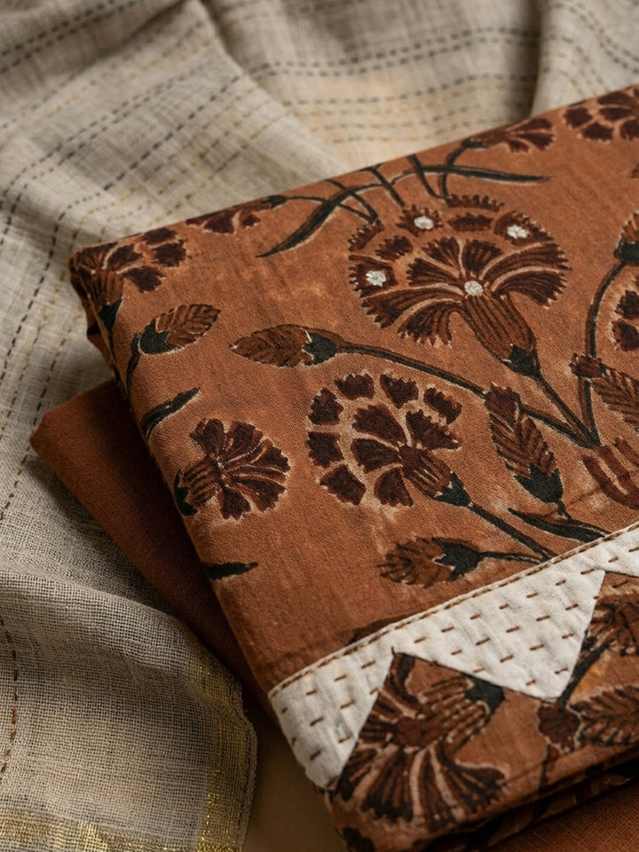 Rust Printed Cotton Blend Unstitched Dress Material