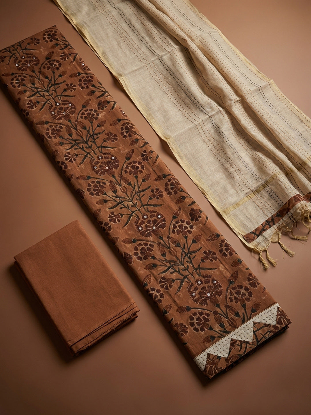 Rust Printed Cotton Blend Unstitched Dress Material