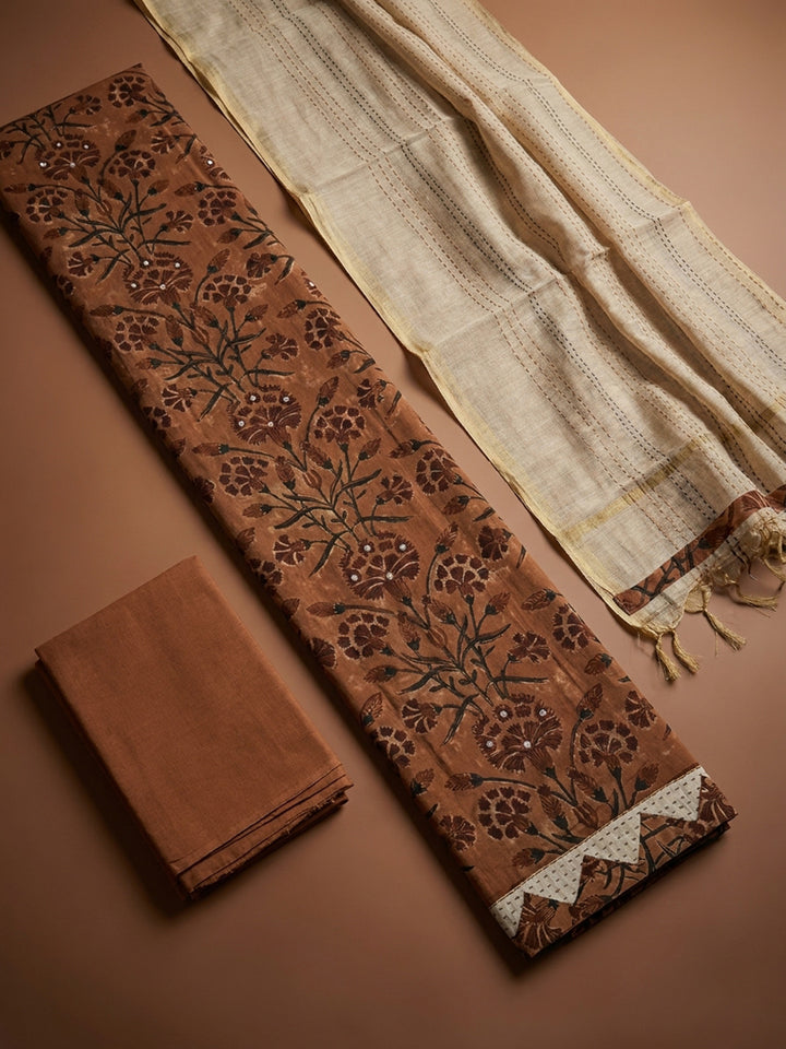 Rust Printed Cotton Blend Unstitched Dress Material