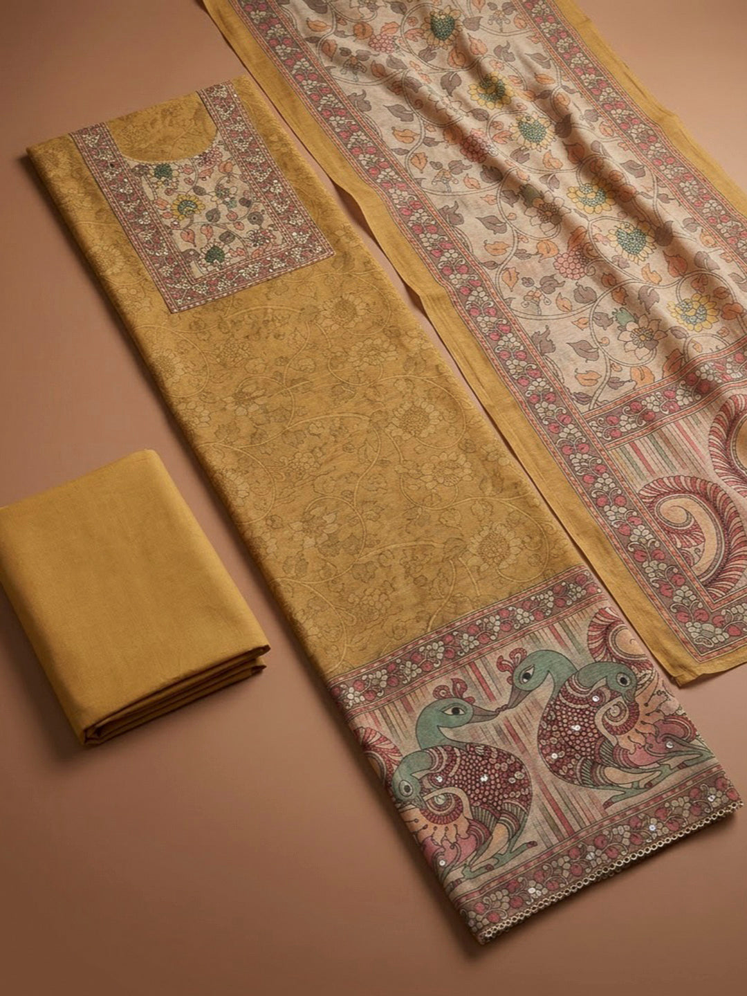 Mustard Chanderi Printed Unstitched Dress Material