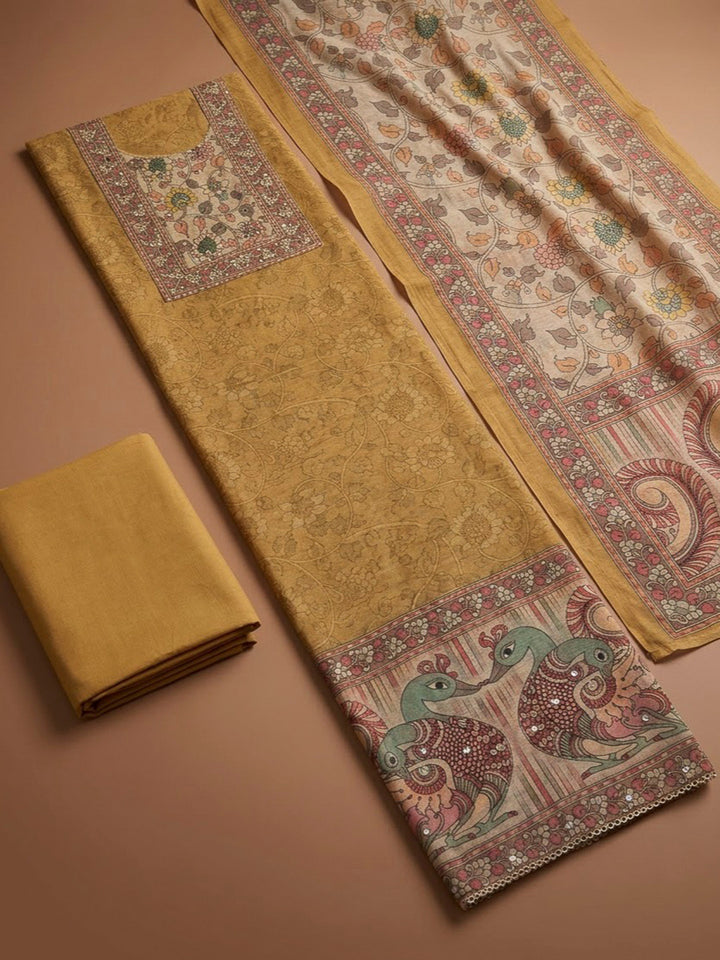 Mustard Chanderi Printed Unstitched Dress Material
