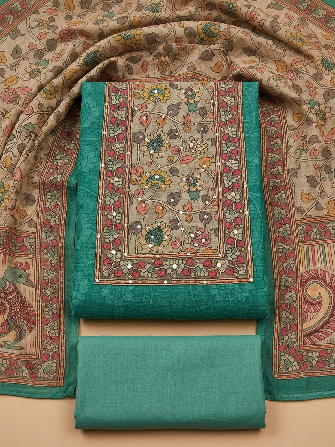 Rama Green Chanderi Printed Unstitched Dress Material