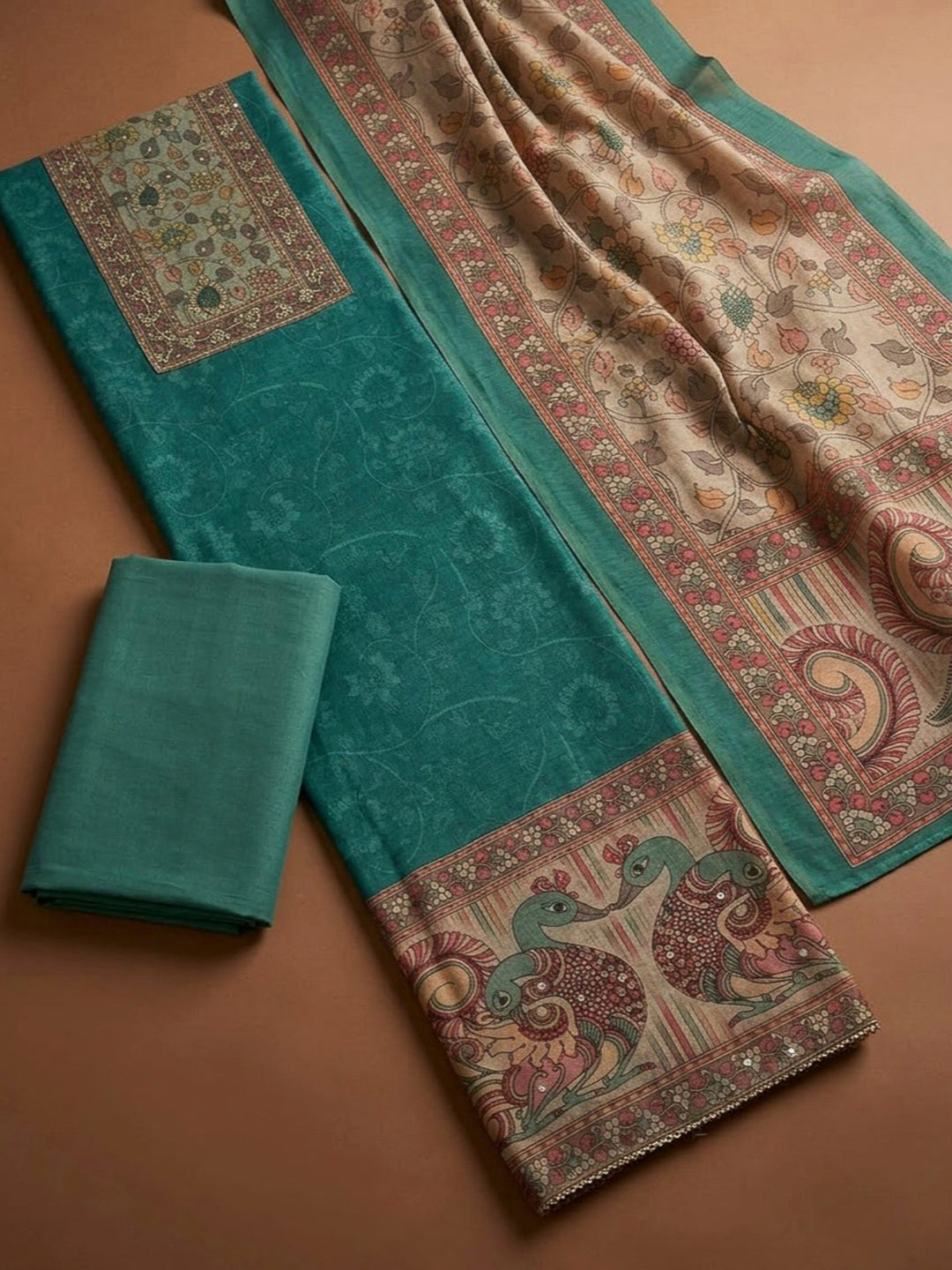 Rama Green Chanderi Printed Unstitched Dress Material