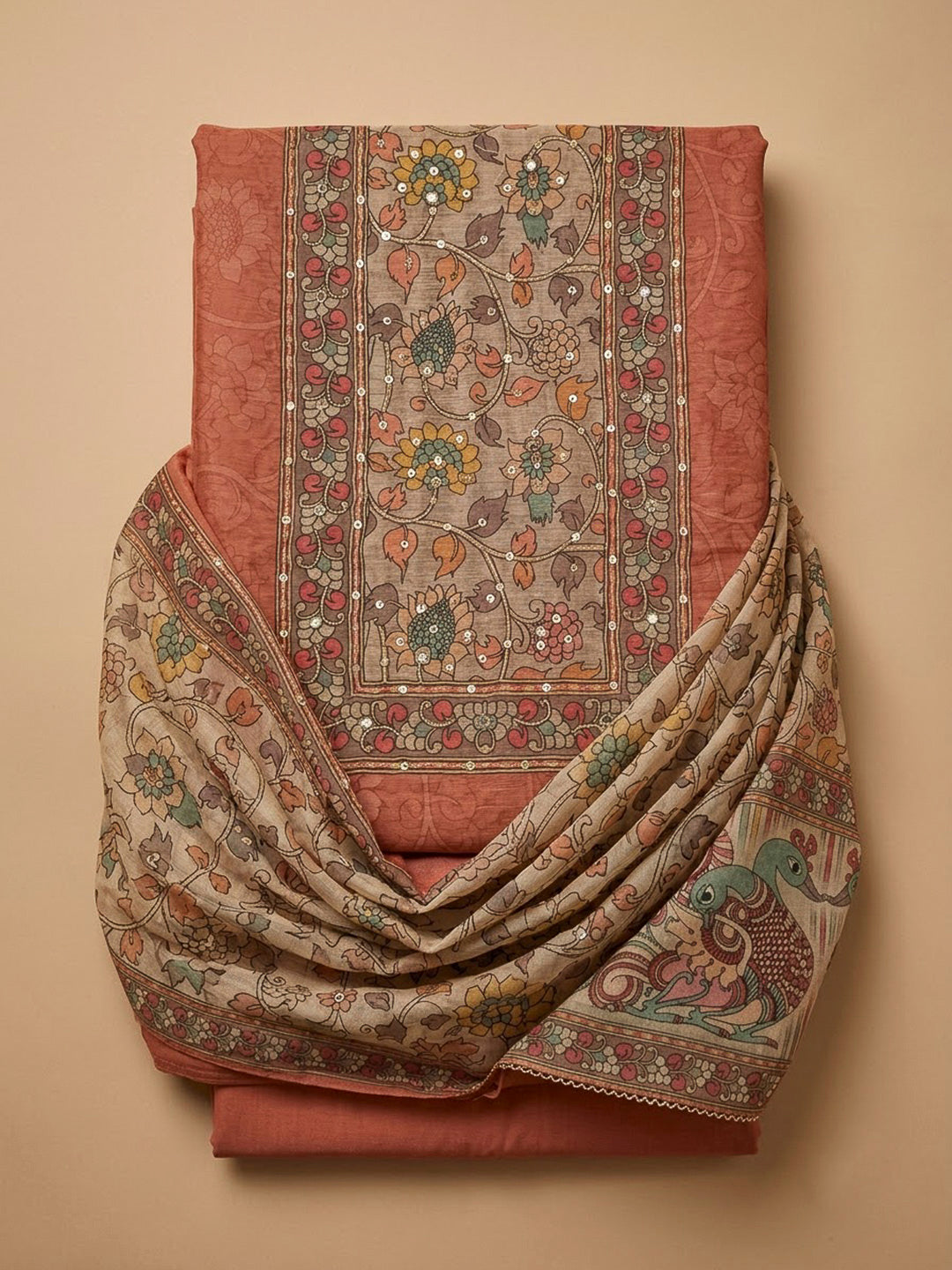 Rust Chanderi Printed Unstitched Dress Material