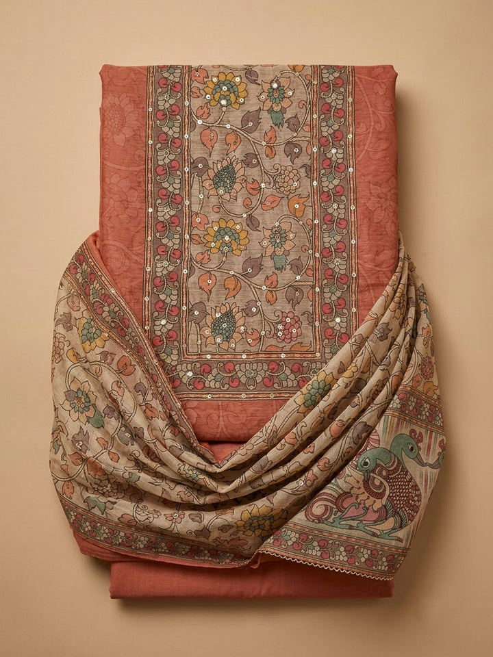 Rust Chanderi Printed Unstitched Dress Material