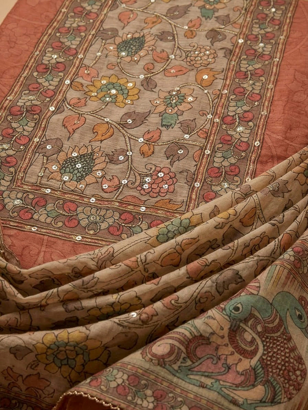 Rust Chanderi Printed Unstitched Dress Material