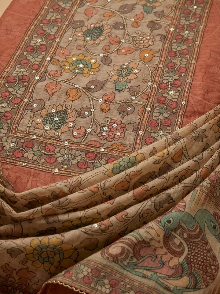 Rust Chanderi Printed Unstitched Dress Material