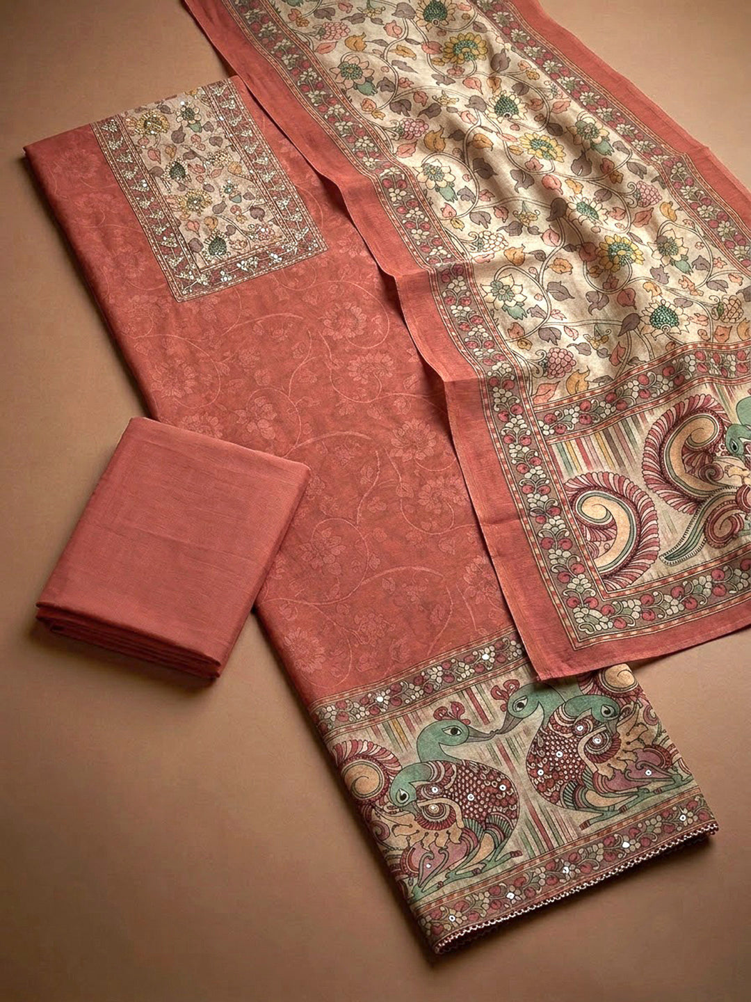 Rust Chanderi Printed Unstitched Dress Material