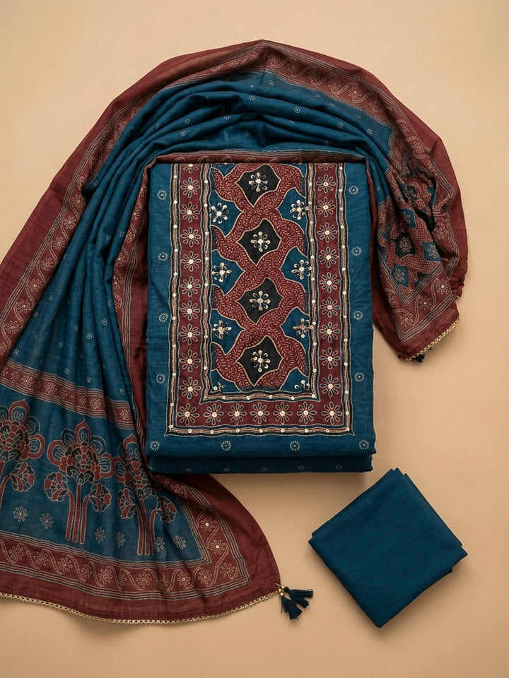 Indigo Chanderi Printed Unstitched Dress Material