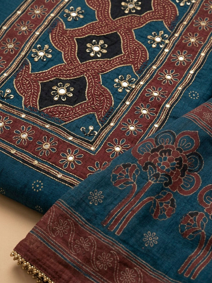 Indigo Chanderi Printed Unstitched Dress Material