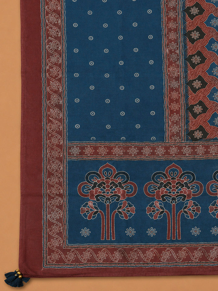 Indigo Chanderi Printed Unstitched Dress Material
