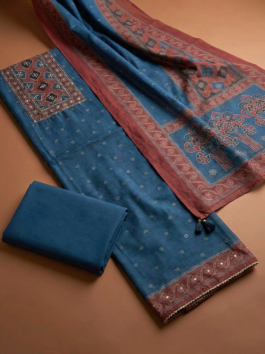 Indigo Chanderi Printed Unstitched Dress Material