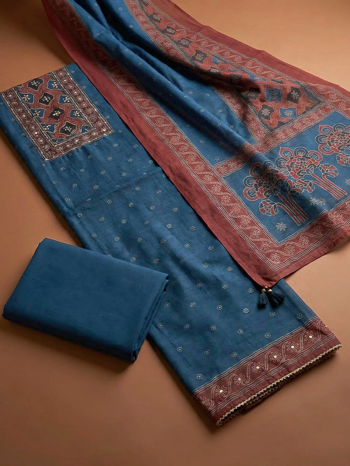 Indigo Chanderi Printed Unstitched Dress Material