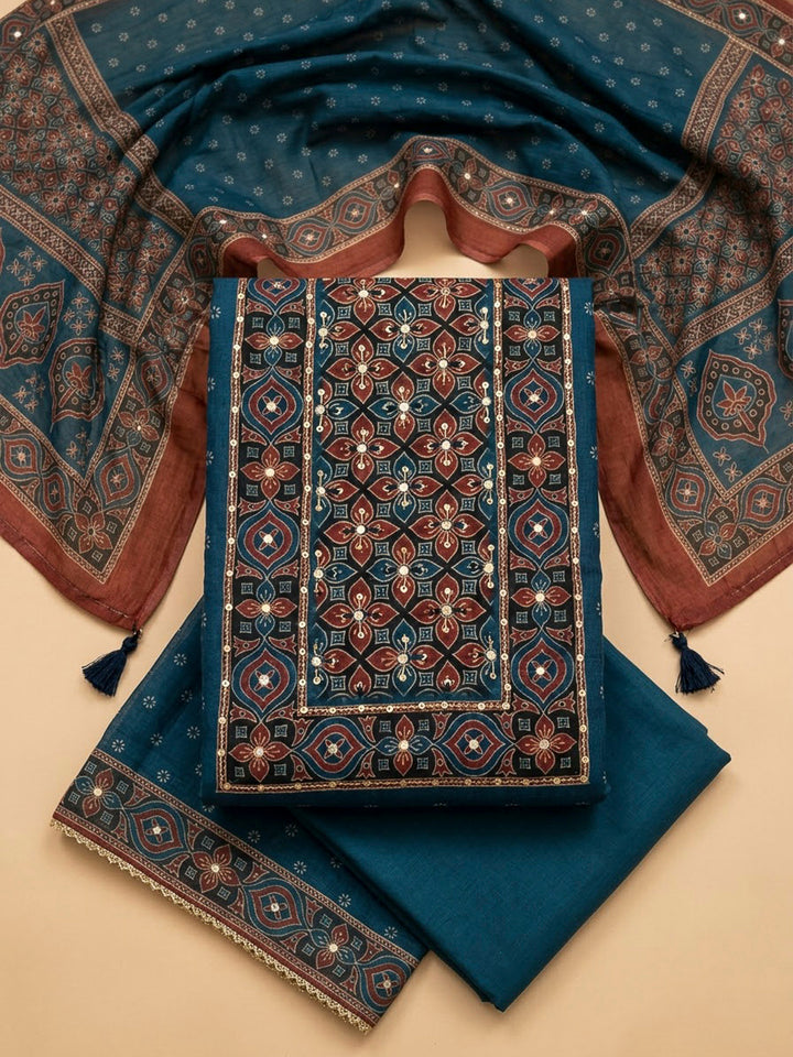 Indigo Chanderi Printed Unstitched Dress Material