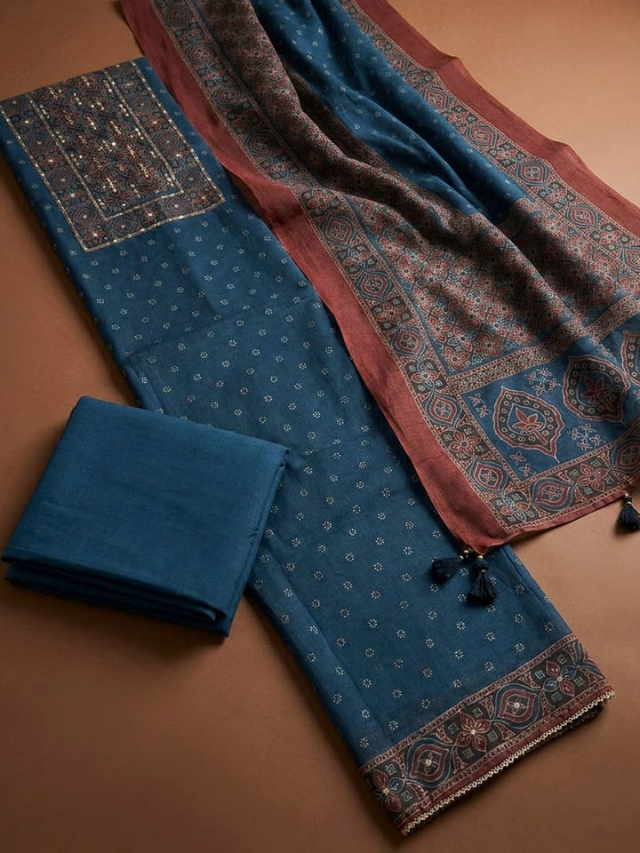 Indigo Chanderi Printed Unstitched Dress Material