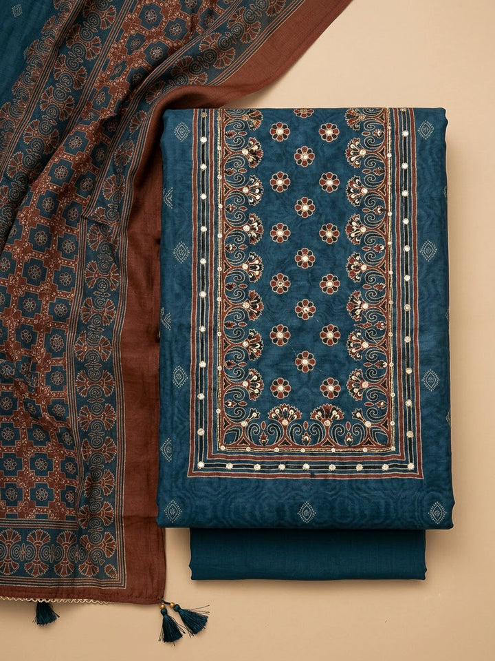 Indigo Chanderi Printed Unstitched Dress Material