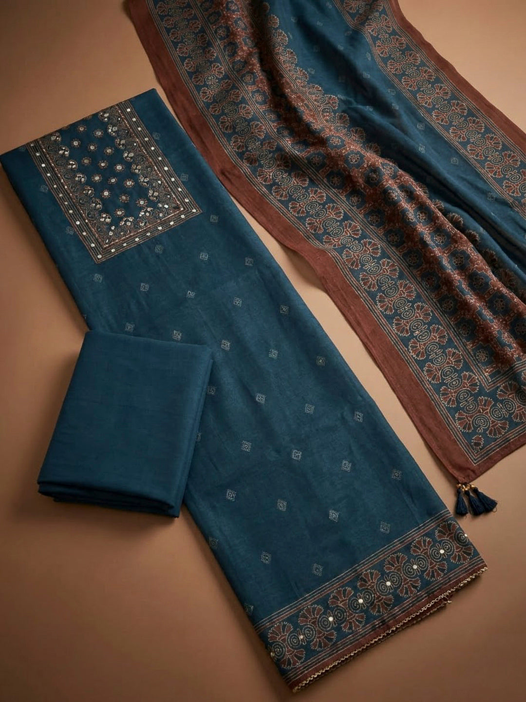 Indigo Chanderi Printed Unstitched Dress Material