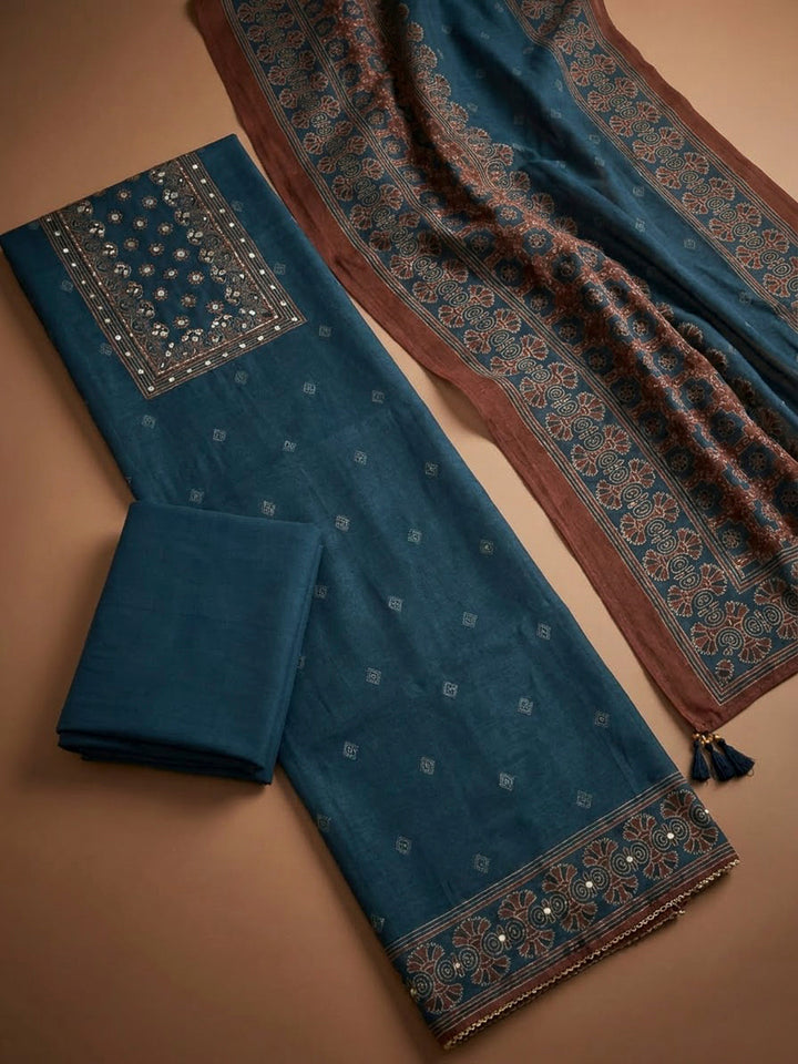 Indigo Chanderi Printed Unstitched Dress Material