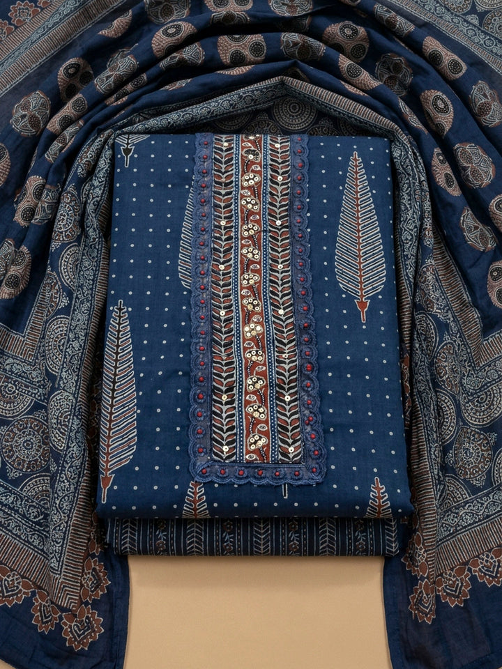 Blue Embroidery Cotton Blend Unstitched Dress Material