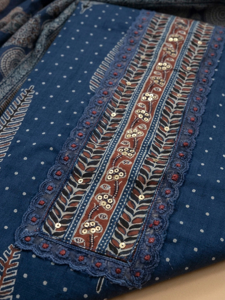 Blue Embroidery Cotton Blend Unstitched Dress Material
