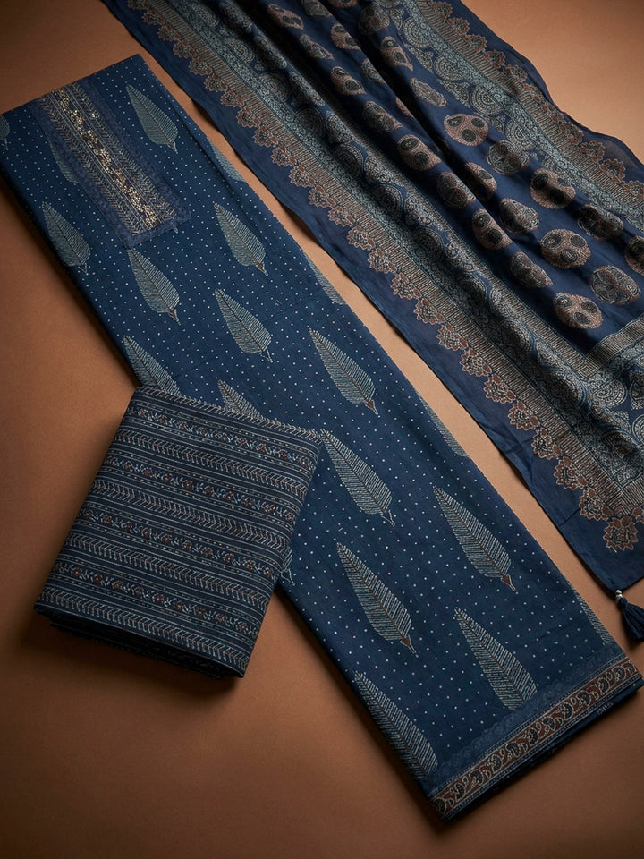 Blue Embroidery Cotton Blend Unstitched Dress Material