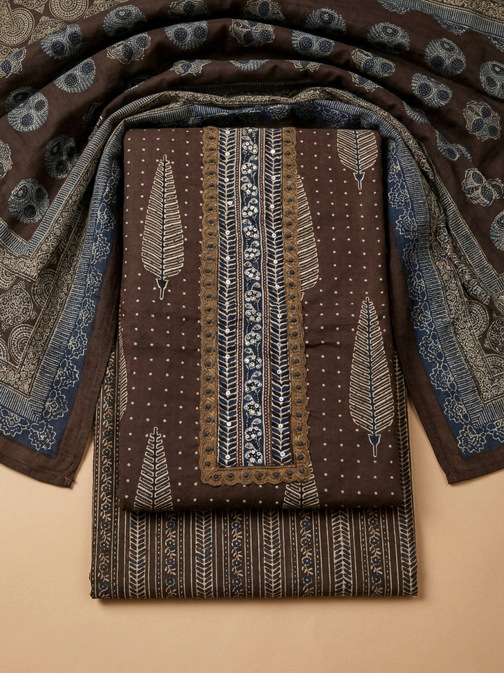 Brown Embroidery Cotton Blend Unstitched Dress Material