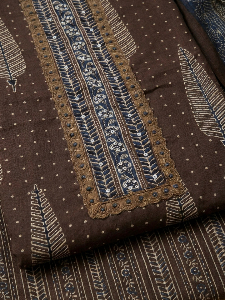 Brown Embroidery Cotton Blend Unstitched Dress Material