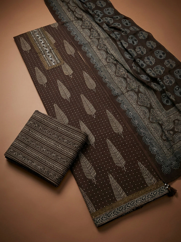 Brown Embroidery Cotton Blend Unstitched Dress Material