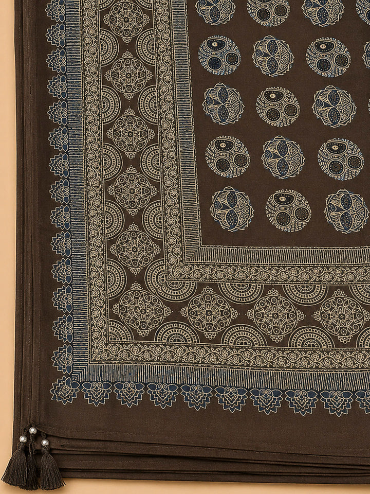 Brown Embroidery Cotton Blend Unstitched Dress Material