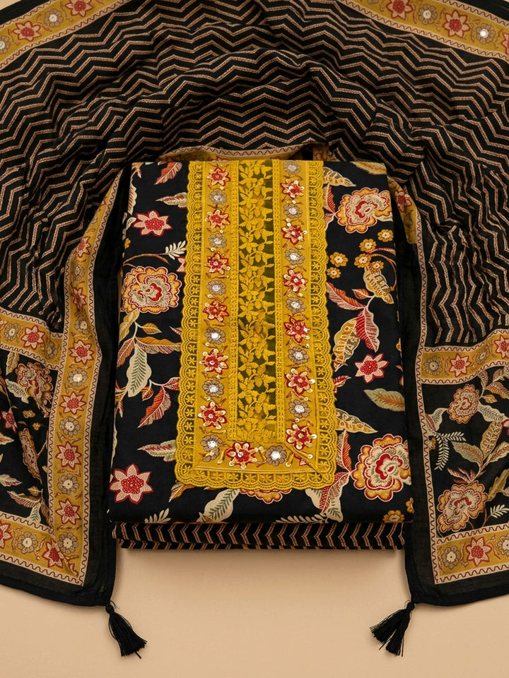 Black Embroidery Cotton Blend Unstitched Dress Material