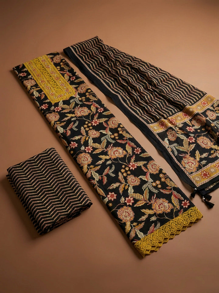 Black Embroidery Cotton Blend Unstitched Dress Material